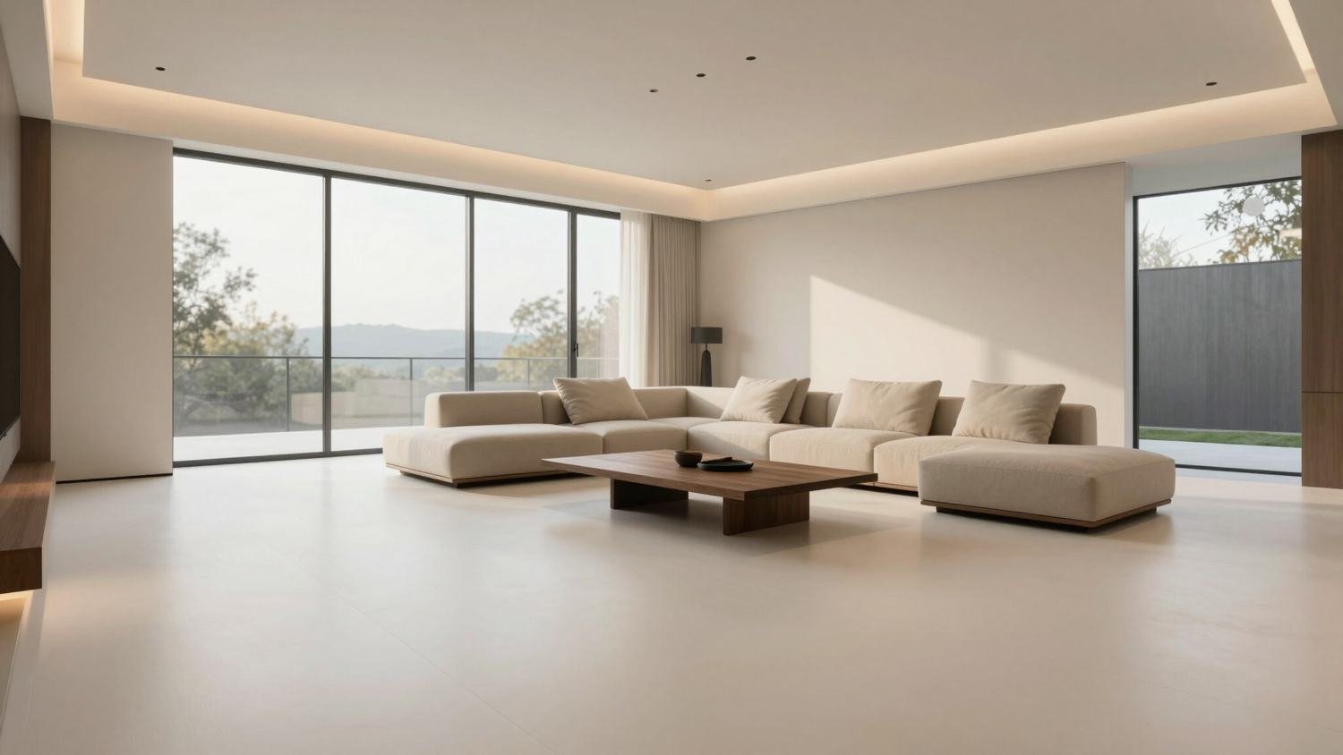 Seamless microcement floor in an open-plan living room